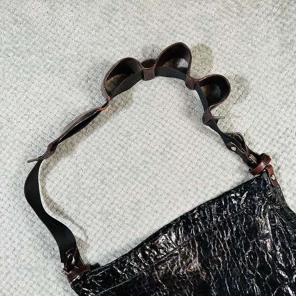 Marni Croc Embossed Black Leather Archival Bag Italy HOBO Brown Shoulder Tote - Picture 2 of 10